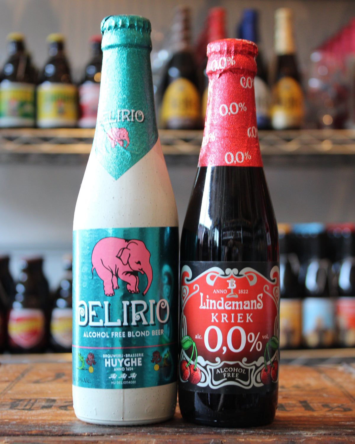 Display of alcohol-free Belgian beer bottles