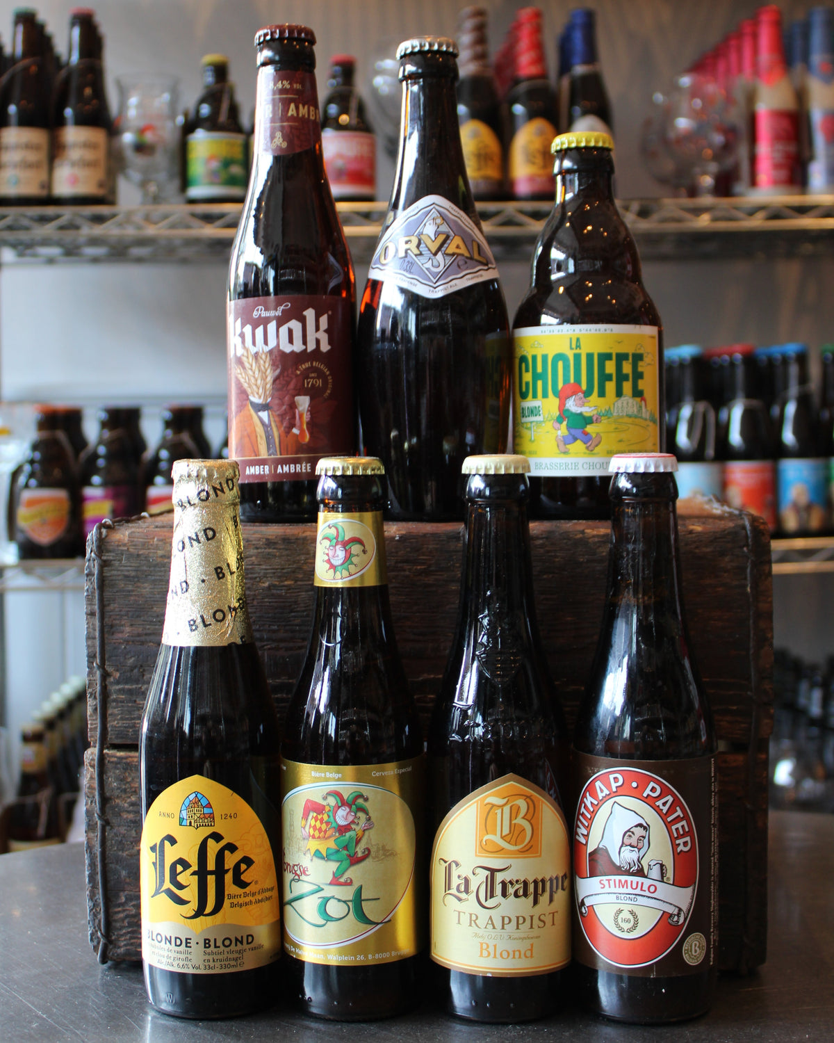 Display of Belgian blonde and pale ale bottles