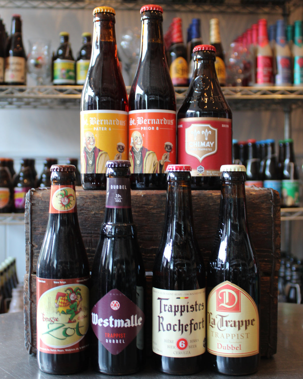 Display of traditional Belgian dubbel beer bottles