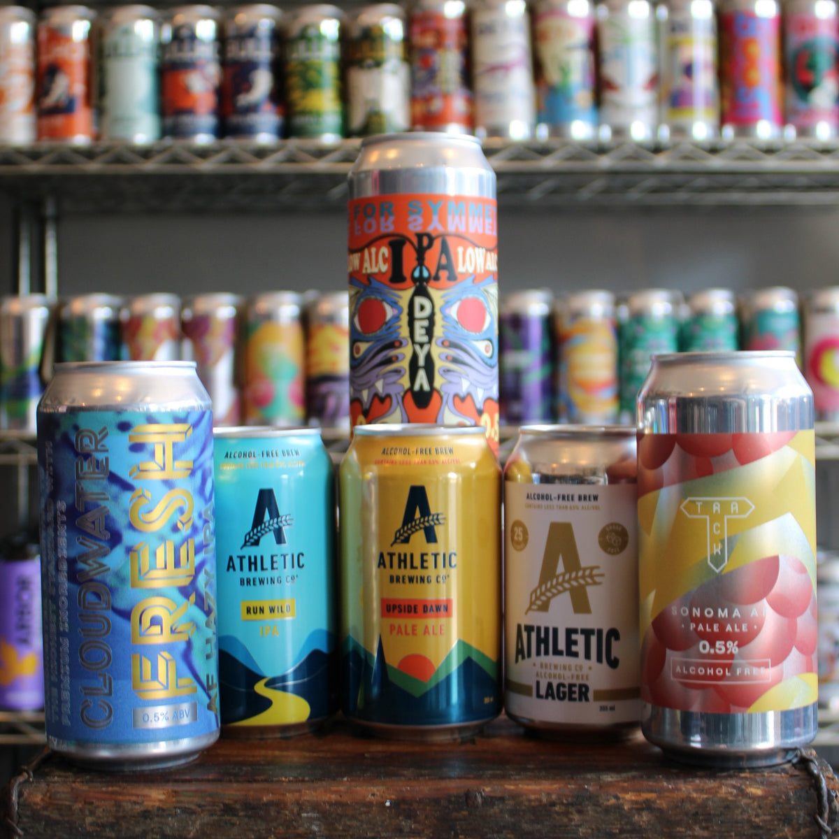 Display of alcohol-free craft beer cans and bottles