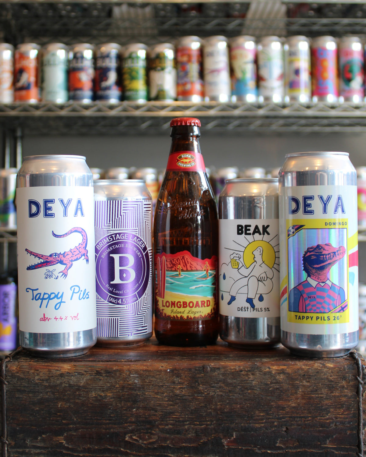 Display of craft lager and pilsner cans and bottles