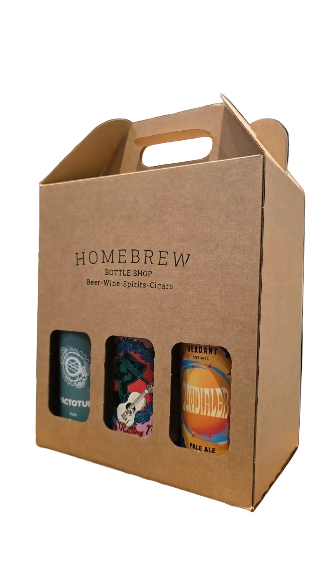 A brown cardboard carry box with handle, branded 'HOMEBREW BOTTLE SHOP', containing three bottled beverages visible through front cutouts. The box is photographed on a plain white background.