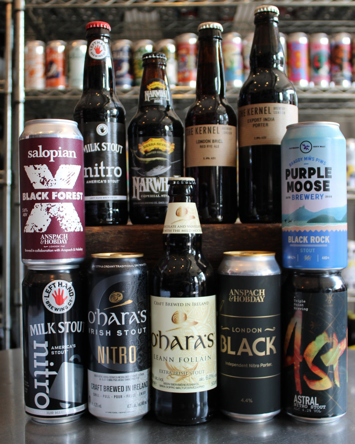 Display of craft stout and porter cans and bottles