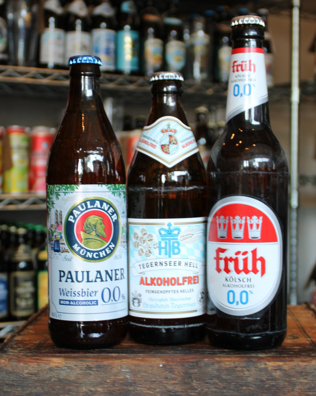 Display of alcohol-free German beer bottles