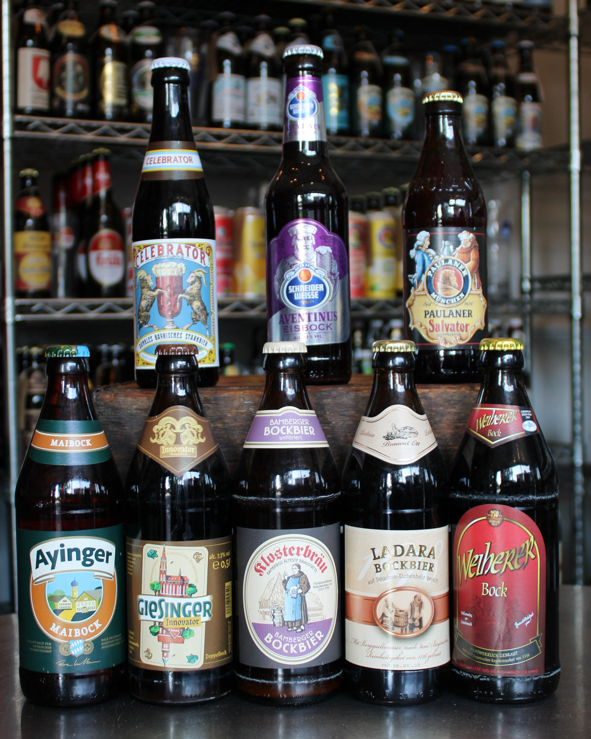 Display of German bock and strong beer bottles