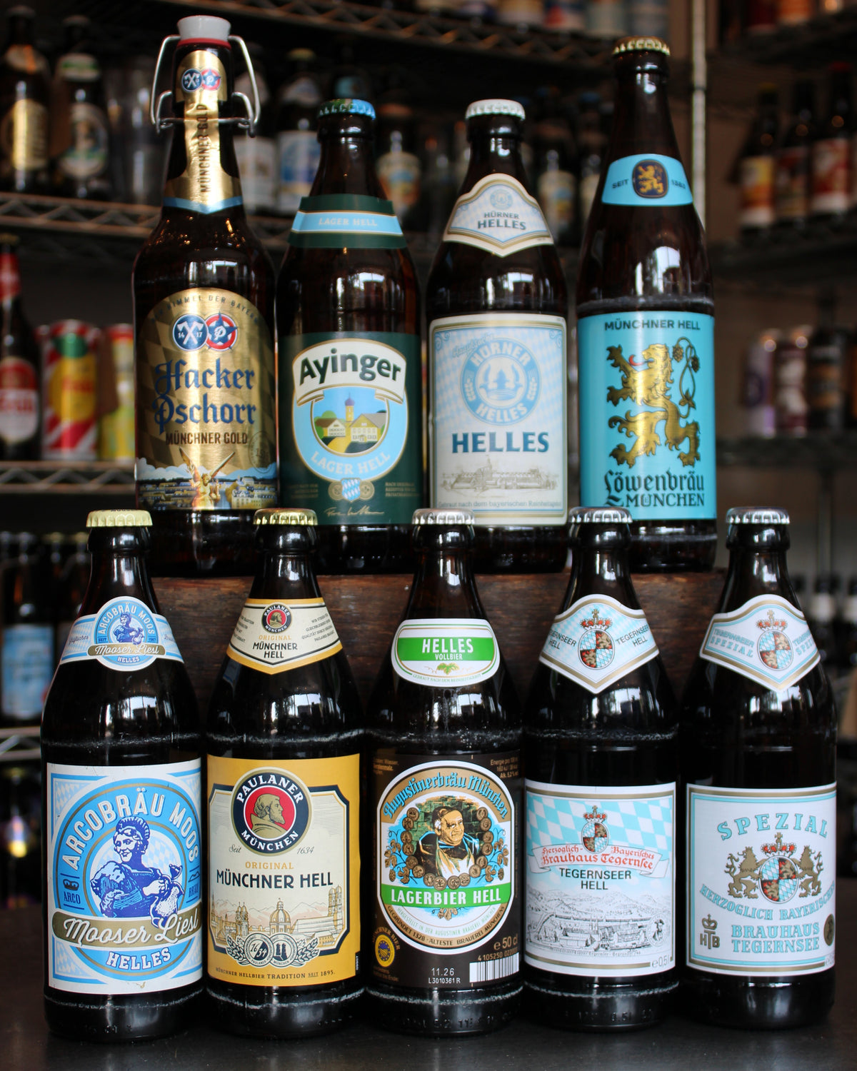Display of German lager and Helles beer bottles