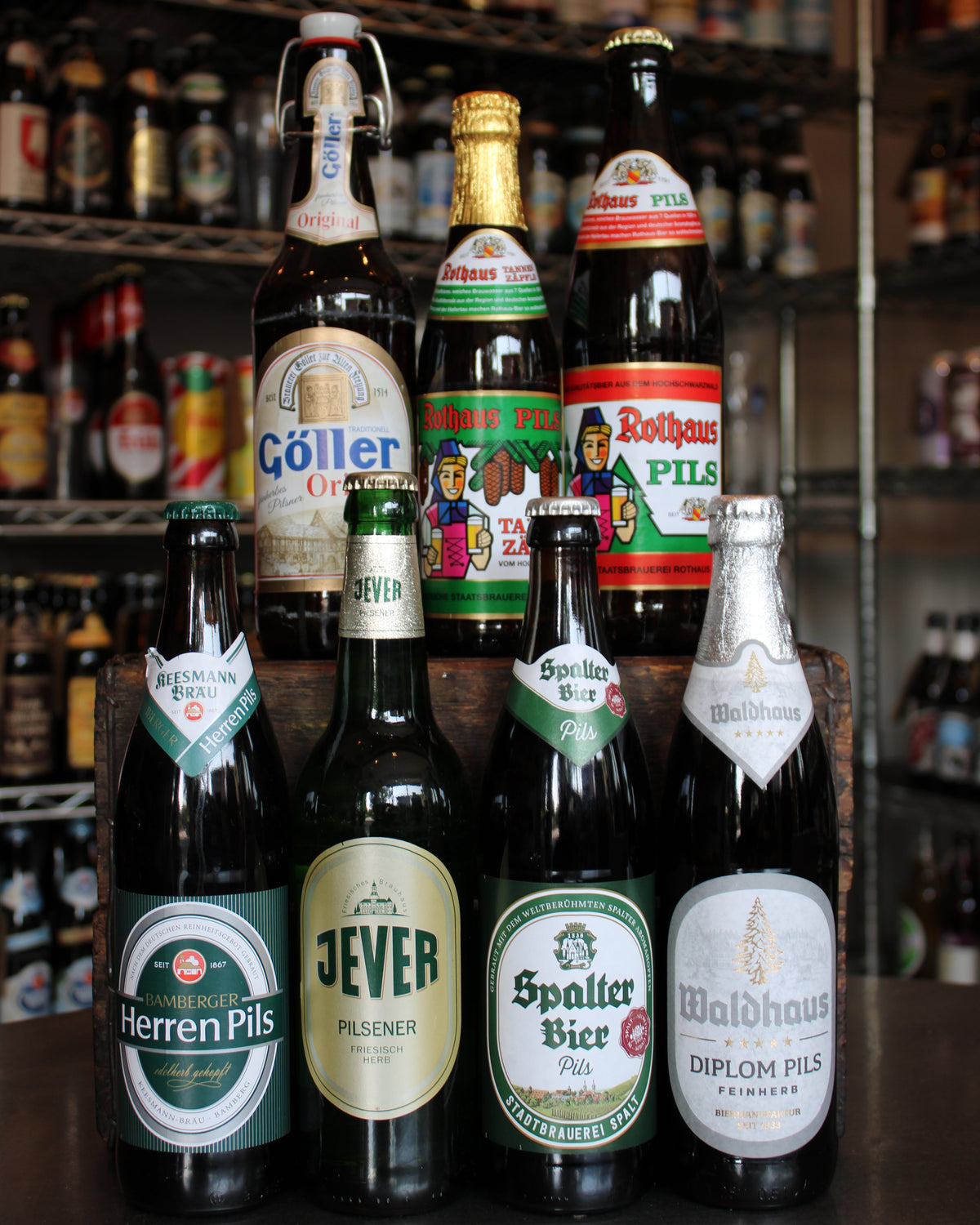 Display of German pilsner beer bottles