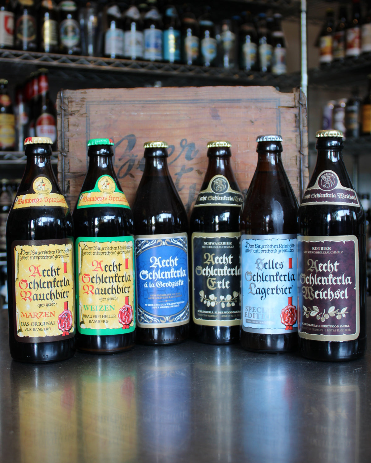 Display of traditional German Rauchbier and smoked beer bottles