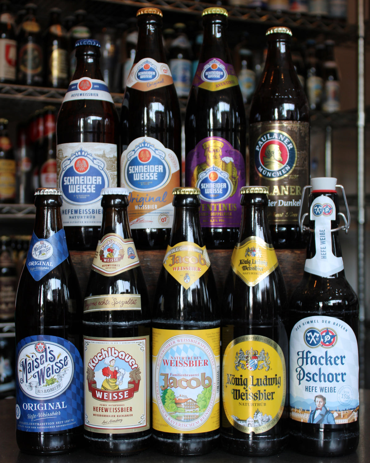 Display of German wheat beer and weissbier bottles